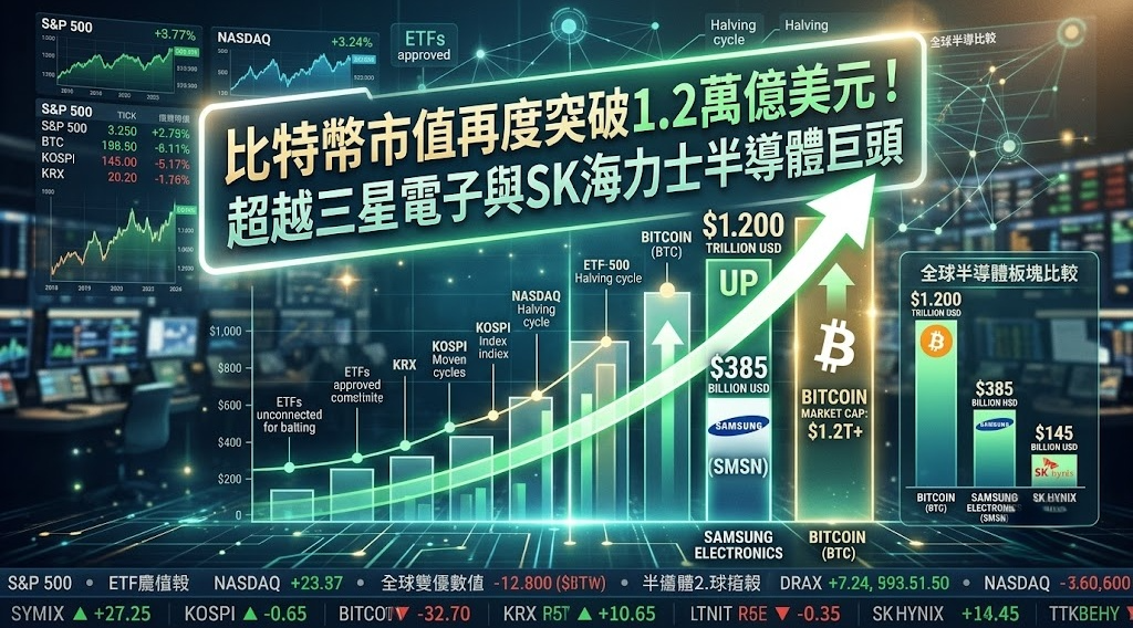 38 比特幣市值突破1.2萬億美元:超越三星與SK海力士背後的信號