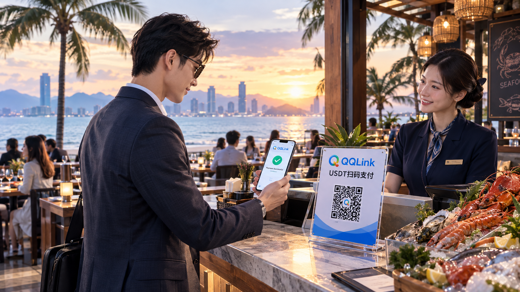 7 QQLink推出USDT线下扫码支付,岘港海鲜消费不再换汇